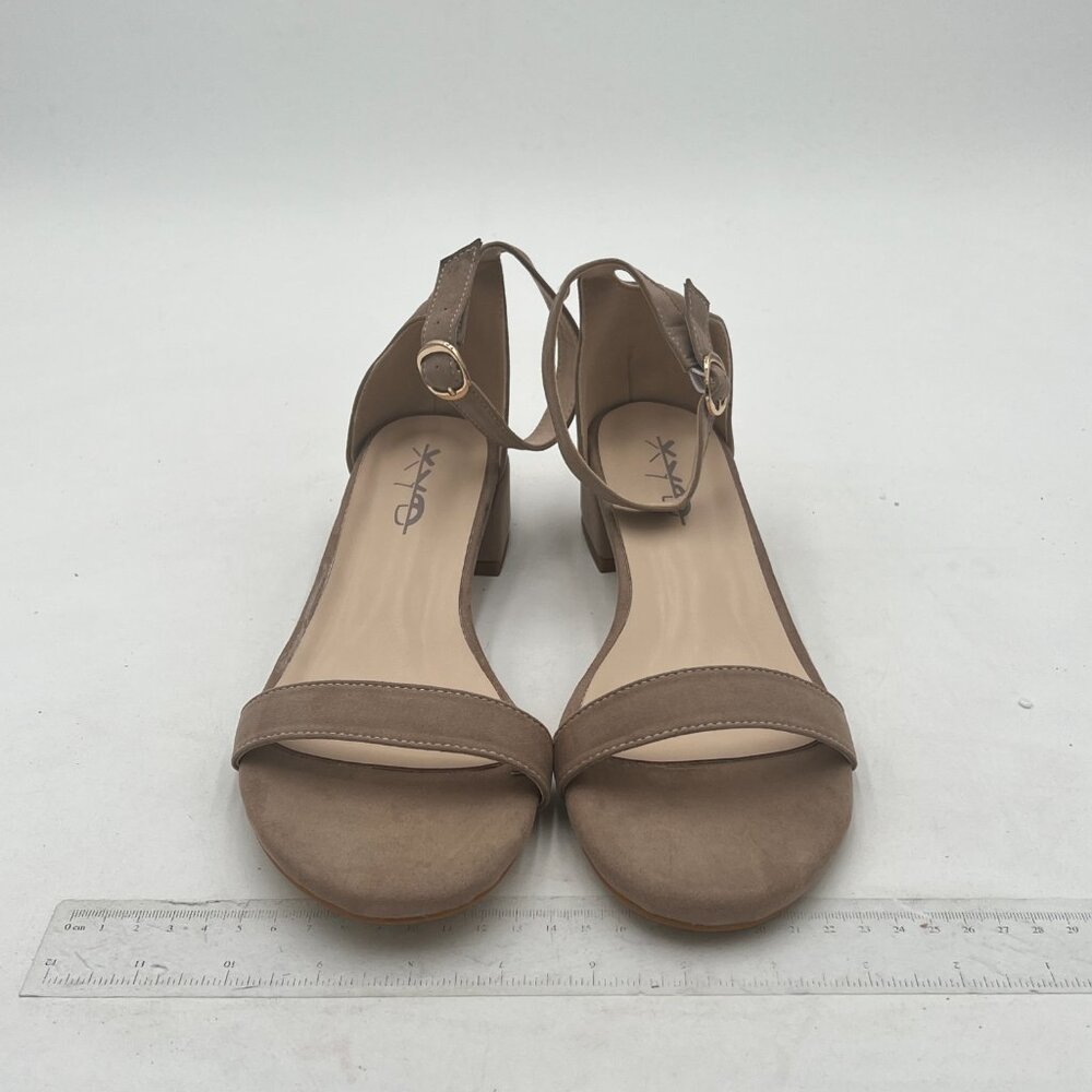 XYD Nude Suede Open Toe Ankle Strap Buckled Low Chunky Heel Dress Sandals - Picture 3 of 8